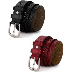 imageAllegra K Womens Vintage Hollow Belts Pin Buckle Faux Leather Belts for Jeans PantsBlack  Red