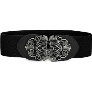imageuxcell Retro Knot Woven Metal Interlocking Buckle Elastic Waist Cinch Belt BandFloral Buckleblack Bandblack Buckle