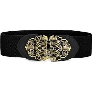 imageuxcell Retro Knot Woven Metal Interlocking Buckle Elastic Waist Cinch Belt BandFloral Buckleblack Bandbronze Buckle