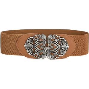 imageuxcell Retro Knot Woven Metal Interlocking Buckle Elastic Waist Cinch Belt BandFloral Bucklebrown Bandblack Buckle