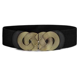 imageuxcell Retro Knot Woven Metal Interlocking Buckle Elastic Waist Cinch Belt BandRound Buckleblack Bandbronze Buckle
