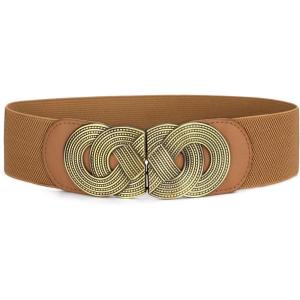 imageuxcell Retro Knot Woven Metal Interlocking Buckle Elastic Waist Cinch Belt BandRound Bucklebrown Bandbronze Buckle
