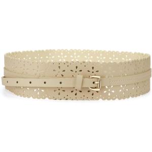 imageuxcell Vintage Hollow Floral Leather Cinch Waistband Wide Belts with Buckle for WomenBeige