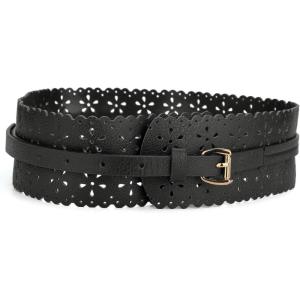 imageuxcell Vintage Hollow Floral Leather Cinch Waistband Wide Belts with Buckle for WomenBlack