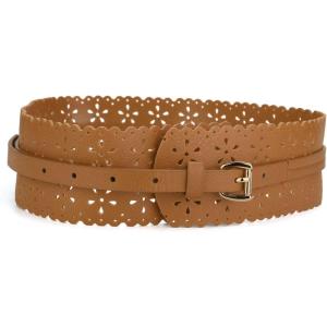 imageuxcell Vintage Hollow Floral Leather Cinch Waistband Wide Belts with Buckle for WomenBrown