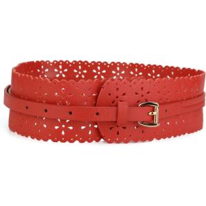imageuxcell Vintage Hollow Floral Leather Cinch Waistband Wide Belts with Buckle for WomenRed