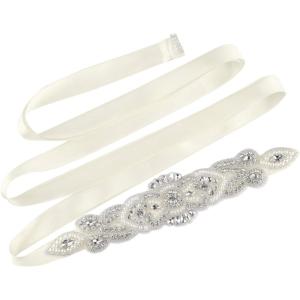 imageuxcell Women Rhinestone Bead Decor Satin Ribbon Wedding BeltBeige