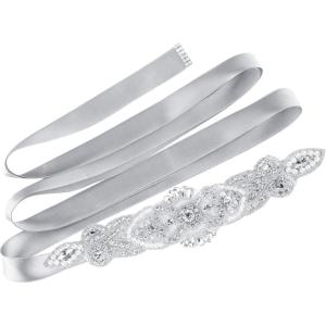 imageuxcell Women Rhinestone Bead Decor Satin Ribbon Wedding BeltGray