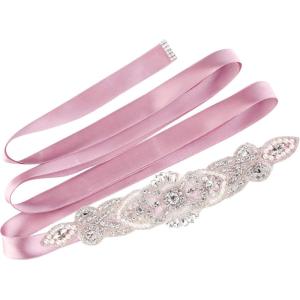 imageuxcell Women Rhinestone Bead Decor Satin Ribbon Wedding BeltPale Pink