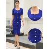 imageAllegra K Work Dress for Women Short Sleeve Square Neck Button Down Business Bodycon Office Dresses with BeltRoyal Blue