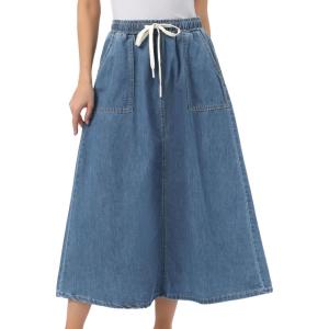 imageAllegra K Denim Maxi Skirt for Women Elastic Waist Casual A Line Long Jean SkirtsBlue