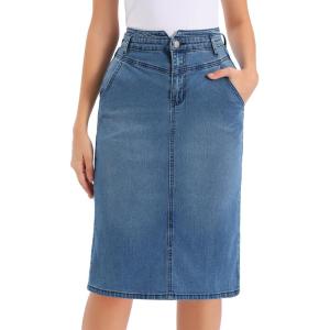 imageAllegra K Denim Skirt for Women High Waisted Casual Back Slit Stretchy Below Knee Length Jean SkirtBlue