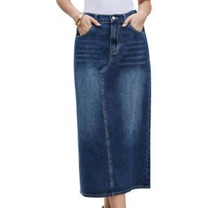 imageAllegra K Denim Skirt for Women Midi Length Elastic Waist Split Back Long Jean SkirtsDark Blue