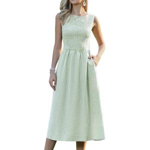 imageAllegra K Gingham Dress for Women Casual Sleeveless Flowy Vacation Summer Midi Smocked DressesLight Green