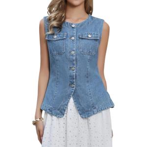 imageAllegra K Jean Vests for Women Collarless Button Down Sleeveless Denim Vest TopBlue