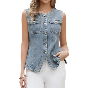 imageAllegra K Jean Vests for Women Collarless Button Down Sleeveless Denim Vest TopGray Blue