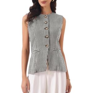 imageAllegra K Plaid Vest Top for Womens Gingham Button Down Sleeveless Office Crew Neck Dressy WaistcoatBlack