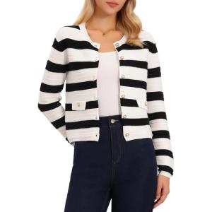imageAllegra K Striped Cardigan for Womens Color Block Long Sleeve Button Down Crewneck Knit Sweater TopsBlack White