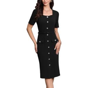 imageAllegra K Work Dress for Women Short Sleeve Square Neck Button Down Business Bodycon Office Dresses with BeltBlack