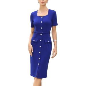 imageAllegra K Work Dress for Women Short Sleeve Square Neck Button Down Business Bodycon Office Dresses with BeltRoyal Blue