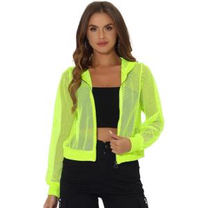 imageAllegra K Mesh Sheer Jacket for Women Long Sleeve Hoodie Zipper Up Lightweight Casual Outwear Night Out Party OutfitNeon Yellow
