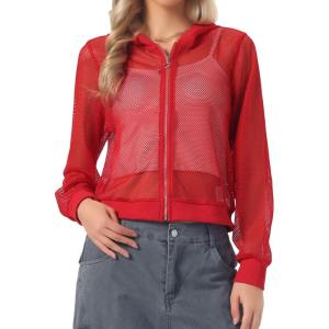 imageAllegra K Mesh Sheer Jacket for Women Long Sleeve Hoodie Zipper Up Lightweight Casual Outwear Night Out Party OutfitRed
