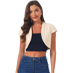 imageAllegra K Womens Denim Jacket Cap Sleeve Cropped Open Front Shrugs Casual Summer Jean JacketsApricot