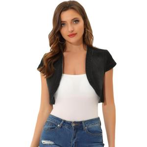 imageAllegra K Womens Denim Jacket Cap Sleeve Cropped Open Front Shrugs Casual Summer Jean JacketsBlack