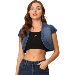 imageAllegra K Womens Denim Jacket Cap Sleeve Cropped Open Front Shrugs Casual Summer Jean JacketsBlue