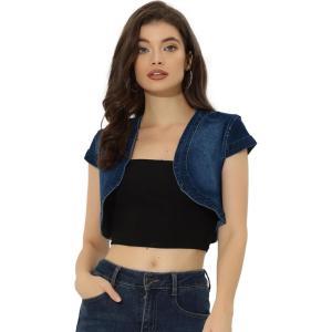 imageAllegra K Womens Denim Jacket Cap Sleeve Cropped Open Front Shrugs Casual Summer Jean JacketsDark Blue