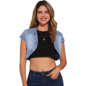 imageAllegra K Womens Denim Jacket Cap Sleeve Cropped Open Front Shrugs Casual Summer Jean JacketsGrey Blue