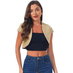 imageAllegra K Womens Denim Jacket Cap Sleeve Cropped Open Front Shrugs Casual Summer Jean JacketsKhaki