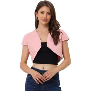 imageAllegra K Womens Denim Jacket Cap Sleeve Cropped Open Front Shrugs Casual Summer Jean JacketsPink