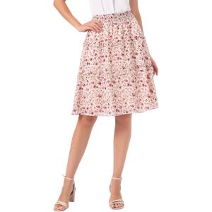 imageAllegra K Womens Summer Floral Chiffon Skirts Smocked Elastic Waist ALine Below Knee Length Ruffle Tiered SkirtBeige
