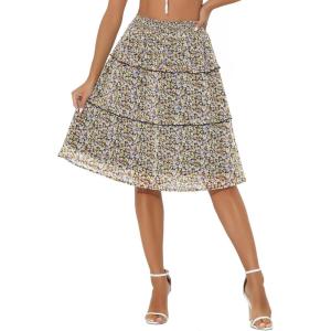 imageAllegra K Womens Summer Floral Chiffon Skirts Smocked Elastic Waist ALine Below Knee Length Ruffle Tiered SkirtBlack