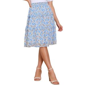 imageAllegra K Womens Summer Floral Chiffon Skirts Smocked Elastic Waist ALine Below Knee Length Ruffle Tiered SkirtBlue White