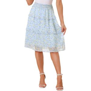 imageAllegra K Womens Summer Floral Chiffon Skirts Smocked Elastic Waist ALine Below Knee Length Ruffle Tiered SkirtLight Blue