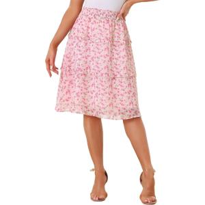 imageAllegra K Womens Summer Floral Chiffon Skirts Smocked Elastic Waist ALine Below Knee Length Ruffle Tiered SkirtPinks