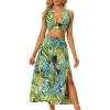 imageAllegra K Womens 2023 Summer 2 Piece Tropical Tie Backless Halter V Neck Crop Top with Split Thigh Skirt Set