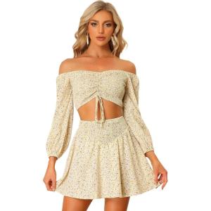 imageAllegra K 2 Piece Outfits for Womens Floral Off Shoulder Crop Top and Mini Skirt