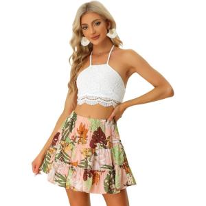 imageAllegra K 2 Piece Outfits for Womens Halter Lace Crop Top with Tropical Mini Skirt Set