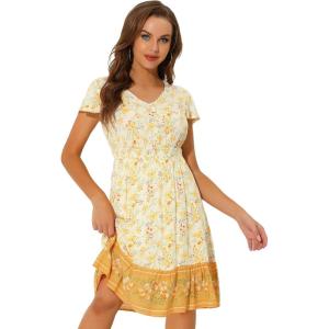 imageAllegra K Boho Floral Dresses for Womens Flutter Sleeve Smocked Waist V Neck Flowy Bohemian Dress
