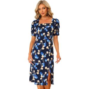 imageAllegra K Floral Dress for Womens Square Neck Ruched Puff Sleeve Split Midi Dresses