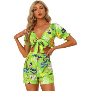 imageAllegra K Womens 2 Piece Romper Floral Print Knot Front Puff Sleeve Crop Top with Shorts Set