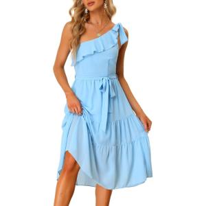 imageAllegra K Womens 2023 Summer Beach Party Dress Ruffled Flowy Tiered Chiffon Sleeveless One Shoulder Dresses