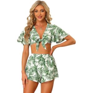 imageAllegra K Womens Boho 2 Piece Tropical Outfits Summer Beach Short Sleeve Knot Front Bandeau Crop Top with Shorts Set