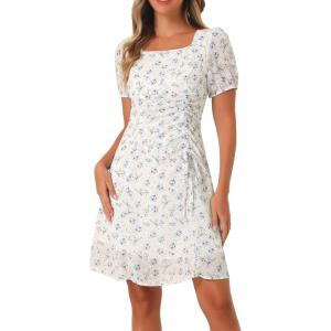 imageAllegra K Womens Floral Square Neck Short Sleeve Drawstring Ruched Dress