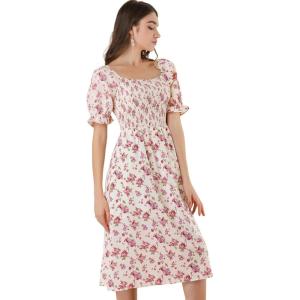 imageAllegra K Womens Square Neck Puff Sleeves Casual Midi Smocked Floral Dress