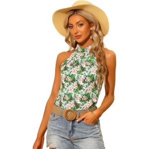 imageAllegra K Womens Tropical Floral Top Sleeveless Beach Halter Neck Blouse