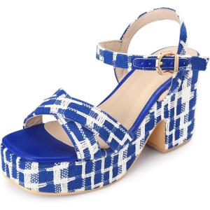 imageAllegra K Womens Cloth Checkered Pattern Platform Heels Chunky Heel SandalsBlue
